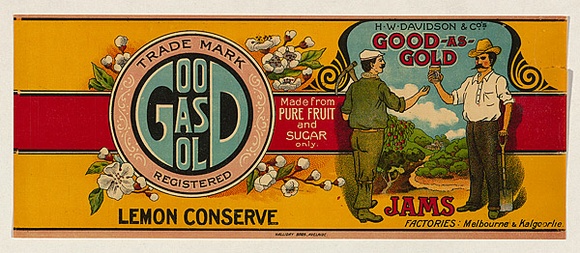 Title: Label for H.W. Davidsons & Co's Good as gold | Date: c.1920 | Technique: offset-lithograph, printed in colour, from multiple stones Title: Label for H.W. Davidsons & Co's Good as gold | Date: c.1920 | Technique: offset-lithograph, printed in colour, from multiple stones