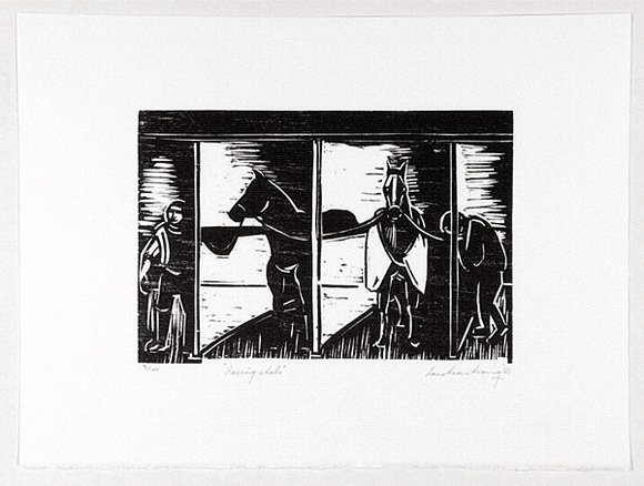 Artist: ARMSTRONG, Ian | Title: Racing stalls. | Date: 1988 | Technique: woodcut, printed in black ink, from one block Artist: ARMSTRONG, Ian | Title: Racing stalls. | Date: 1988 | Technique: woodcut, printed in black ink, from one block