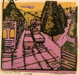 Artist: ROSENGRAVE, Harry | Title: Belgrave rail [2]. | Date: 1952 | Technique: linocut, printed in colour, from four blocks