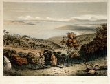 Artist: Angas, George French. | Title: Port Lincoln, looking across Boston Bay towards Spencers Gulf. Stanford Hill and Thistle Island in the distance. | Date: 1846-47 | Technique: lithograph, printed in colour, from multiple stones; varnish highlights by brush