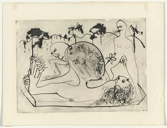 Artist: BOYD, Arthur | Title: Sleeping potter with tree decoration. | Date: (1968-69) | Technique: etching and aquatint, printed in black ink, from one plate | Copyright: Reproduced with permission of Bundanon Trust