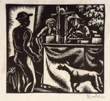 Artist: Hawkins, Weaver. | Title: (Three men with a pair of scales) | Date: c.1930 | Technique: wood-engraving, printed in black ink, from one block | Copyright: The Estate of H.F Weaver Hawkins