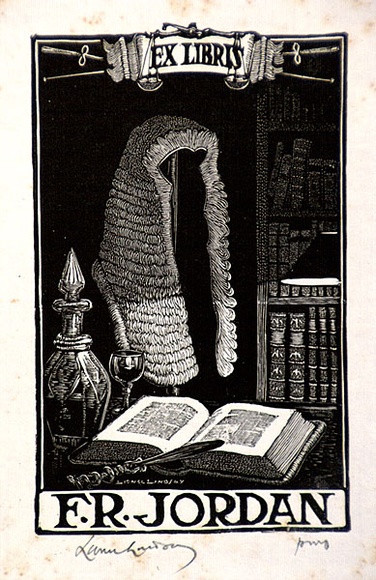 Artist: LINDSAY, Lionel | Title: Book plate: F.R. Jordan | Date: 1940 | Technique: wood-engraving, printed in black ink, from one block | Copyright: Courtesy of the National Library of Australia