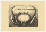 Artist: Evans, Megan. | Title: not titled [landscape, heart with egg shaped form and forms circling the egg] | Date: 1989 | Technique: lithograph, printed in black ink, from one stone | Copyright: © Megan Evans. Licensed by VISCOPY, Australia