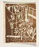 Title: Card: [garden] | Technique: linocut, printed in brown ink, from one block