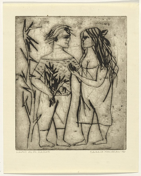 Artist: HANRAHAN, Barbara | Title: Lovers on the seashore | Date: 1961 | Technique: drypoint, printed in black ink, from one plate