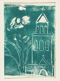 Title: Card: [church and tree] | Technique: linocut, printed in green ink, from one block