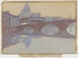 Artist: Patterson, Ambrose. | Title: View over the Thames, evening. | Date: c.1904 | Technique: woodcut, printed in colour in Japanese manner, from two blocks; additional hand colouring in gouache