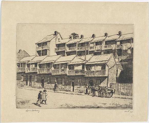 Artist: LINDSAY, Lionel | Title: Rabbit hutches, Lower George Street, Sydney | Date: 1931 | Technique: etching, printed in black ink, from one plate | Copyright: Courtesy of the National Library of Australia Artist: LINDSAY, Lionel | Title: Rabbit hutches, Lower George Street, Sydney | Date: 1931 | Technique: etching, printed in black ink, from one plate | Copyright: Courtesy of the National Library of Australia