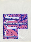 Artist: MERD INTERNATIONAL | Title: Art domesti-city. Picturist print cloth-things. Jill Yates East Sydney 02.3574771 | Date: c.1985 | Technique: screenprint, printed in colour, from two stencils