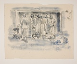 Artist: Hirschfeld Mack, Ludwig. | Title: not titled [Street group of women, dogs and man with pram] [recto]; [Study for 'Street group of women, dogs and man with pram'] [verso] | Date: (1950-59?) | Technique: transfer print (recto)