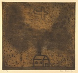 Artist: Bowen, Dean. | Title: (Small house) | Date: 1992 | Technique: etching, printed in ochre and black ink, from two plates