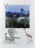 Artist: GRIFFITH, Pamela | Title: Brolgas by the lagoon | Date: 1989 | Technique: hard ground, aquatint, soft ground, from one copper plate; additional hand-tinting, | Copyright: © Pamela Griffith
