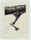 Artist: AMOR, Rick | Title: [man falling from tree] | Date: 1984 | Technique: linocut, printed in black ink, from one block | Copyright: © Rick Amor. Licensed by VISCOPY, Australia.