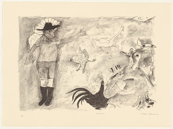 Artist: ROBINSON, William | Title: Farmyard I | Date: 1990 | Technique: lithograph, printed in colour, from mtultiple plates Artist: ROBINSON, William | Title: Farmyard I | Date: 1990 | Technique: lithograph, printed in colour, from mtultiple plates