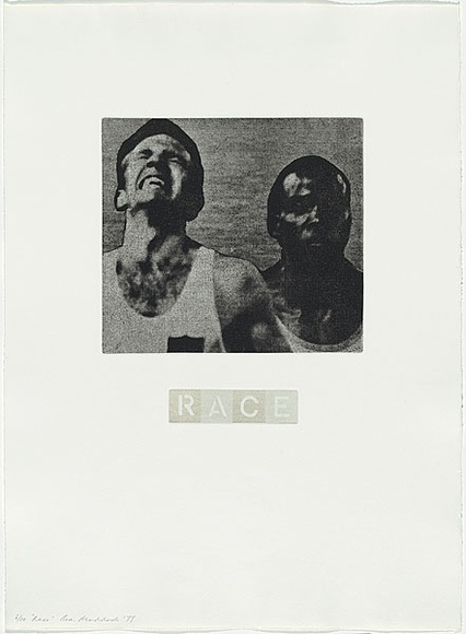 Artist: MADDOCK, Bea | Title: Race | Date: 1977, September- November | Technique: photo-etching, aquatint and stipple, printed in colour, from two plates Artist: MADDOCK, Bea | Title: Race | Date: 1977, September- November | Technique: photo-etching, aquatint and stipple, printed in colour, from two plates