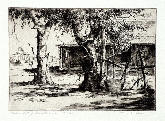Artist: Glover, Allan. | Title: Parker's cottage, Moonta Mines | Date: 1929 | Technique: etching, printed in brown ink, from one plate