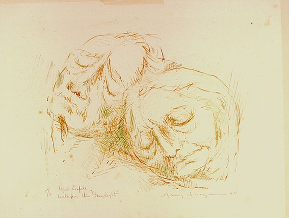 Artist: MACQUEEN, Mary | Title: Aged couple asleep on the Daylight | Date: 1965 | Technique: lithograph, printed in colour, from multiple plates | Copyright: Courtesy Paulette Calhoun, for the estate of Mary Macqueen