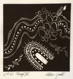 Artist: JOSE, Ellen | Title: not titled [abstracted landscape design of leaves and geometric patterns] | Date: 1987, May? | Technique: linocut, printed in black ink, from one block