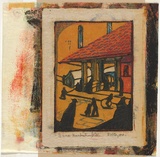 Artist: Syme, Eveline | Title: Siena market | Date: 1935 | Technique: linocut, printed in colour, from four blocks (vermillion, yellow ochre, cerulean blue, ivory black)