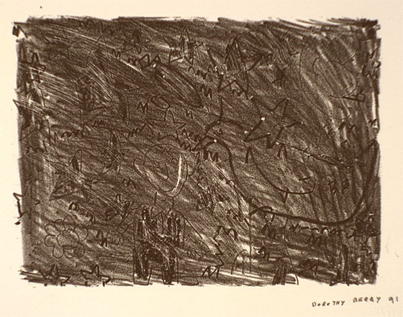 Artist: Berry, Dorothy. | Title: not titled [figure stars and bird] | Date: c.1991 | Technique: lithograph, printed in black ink, from one stone