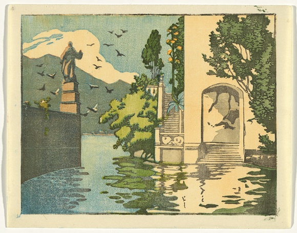 Artist: Allport, C.L. | Title: Lake Como, entrance to Villa d'Este. | Date: c.1928 | Technique: linocut, printed in black ink, from one block; hand-coloured