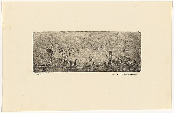 Artist: WILLIAMS, Fred | Title: Landscape with gliders | Date: 1955-56 | Technique: etching, foul biting, drypoint and flat biting, printed in black ink, from one copper plate | Copyright: © Fred Williams Estate