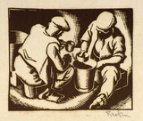 Artist: Hawkins, Weaver. | Title: (Two men drinking from a bucket) | Date: c.1930 | Technique: wood-engraving, printed in brown ink, from one block | Copyright: The Estate of H.F Weaver Hawkins