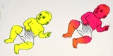 Artist: MERD INTERNATIONAL | Title: Poster: (Two babies - pink and yellow) | Date: 1984 | Technique: screenprint