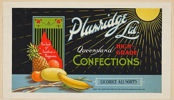 Artist: Burdett, Frank. | Title: Label: Plumridge Ltd, confections. | Date: 1926 | Technique: lithograph, printed in colour, from multiple stones [or plates]