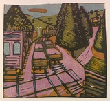 Artist: ROSENGRAVE, Harry | Title: Belgrave rail [2]. | Date: 1952 | Technique: linocut, printed in colour, from four blocks