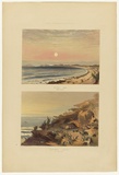 Artist: Angas, George French. | Title: Rivoli Bay before sunrise; Penguin Island, off Rivoli Bay. | Date: 1846-47 | Technique: lithograph, printed in colour, from multiple stones; varnish highlights by brush