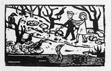 Artist: Allen, Joyce. | Title: (Pai Korri and Winnie passing the eel in the black lake) (Illustration 2). | Date: 1987 | Technique: linocut, printed in black ink, from one block