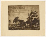 Artist: LINDSAY, Lionel | Title: Droving | Date: c.1942 | Technique: etching, sugarlift-aquatint, roulette and burnishing, printed in brown ink, from one plate | Copyright: Courtesy of the National Library of Australia