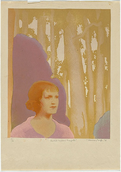 Artist: GRIFFIN, Murray | Title: Rabbit trapper's daughter. | Date: 1936 | Technique: linocut, printed in colour, from multiple blocks Artist: GRIFFIN, Murray | Title: Rabbit trapper's daughter. | Date: 1936 | Technique: linocut, printed in colour, from multiple blocks