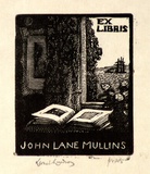 Artist: LINDSAY, Lionel | Title: Book plate: John Lane Mullins | Date: 1922 | Technique: wood-engraving, printed in black ink, from one block | Copyright: Courtesy of the National Library of Australia