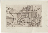 Artist: Jack, Kenneth. | Title: Hotel outbuildings, Berwick | Date: 1953 | Technique: line-engraving, printed in warm black ink, from one perspex plate | Copyright: © Kenneth Jack. Licensed by VISCOPY, Australia