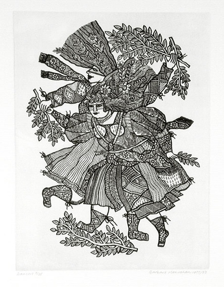 Artist: HANRAHAN, Barbara | Title: Dancers | Date: 1977-1978 | Technique: etching, printed in black ink with plate-tone, from one plate Artist: HANRAHAN, Barbara | Title: Dancers | Date: 1977-1978 | Technique: etching, printed in black ink with plate-tone, from one plate
