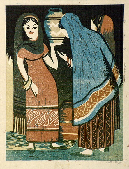 Artist: Higgs, Florence. | Title: (Gossip) | Date: (1954) | Technique: linocut, printed in colour, from four blocks
