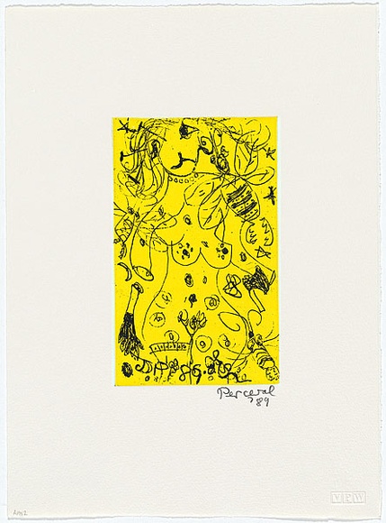 Artist: Perceval, John. | Title: Lady with necklace | Date: 1989 | Technique: etching, printed in black and yellow ink, from one plate | Copyright: © John Perceval. Licensed by VISCOPY, Australia