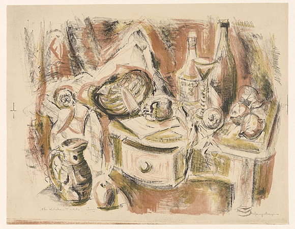 Artist: MACQUEEN, Mary | Title: The kitchen table | Date: 1958 | Technique: lithograph, printed in colour, from three plates in orange, yellow and black ink | Copyright: Courtesy Paulette Calhoun, for the estate of Mary Macqueen