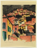 Artist: Thorpe, Lesbia. | Title: A hill town in Provence | Date: 1990 | Technique: linocut, printed in black ink, from one block; hand-coloured