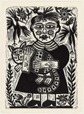 Artist: HANRAHAN, Barbara | Title: Girl with a cat | Date: 1988 | Technique: linocut, printed in black ink, from one block