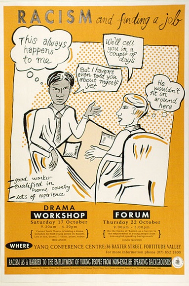 Artist: Carter, Ann. | Title: Racism and finding a job. | Date: 1992, October | Technique: screenprint, printed in yellow and black ink, from two stencils