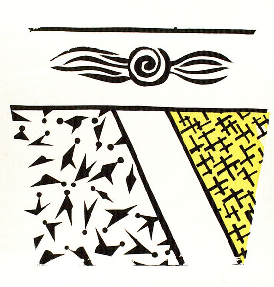Artist: MERD INTERNATIONAL | Title: (Black and white design with yellow crosshatched triangle No.7) | Date: 1984 | Technique: screenprint
