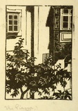 Artist: Hawkins, Weaver. | Title: The Piazza | Date: c.1930 | Technique: woodcut, printed in black ink, from one block | Copyright: The Estate of H.F Weaver Hawkins