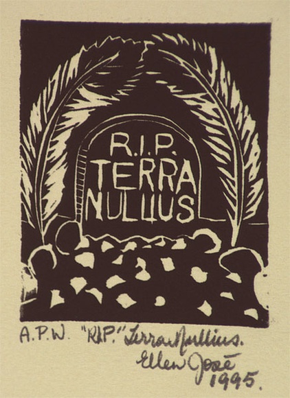 Artist: JOSE, Ellen | Title: R.I.P. terra nullius | Date: 1995, December | Technique: linocut, printed in black ink, from one block Artist: JOSE, Ellen | Title: R.I.P. terra nullius | Date: 1995, December | Technique: linocut, printed in black ink, from one block