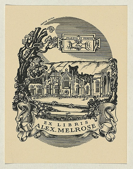 Artist: FEINT, Adrian | Title: Bookplate: Alex Melrose. | Date: (1938) | Technique: process block, printed in black ink, from one block | Copyright: Courtesy the Estate of Adrian Feint
