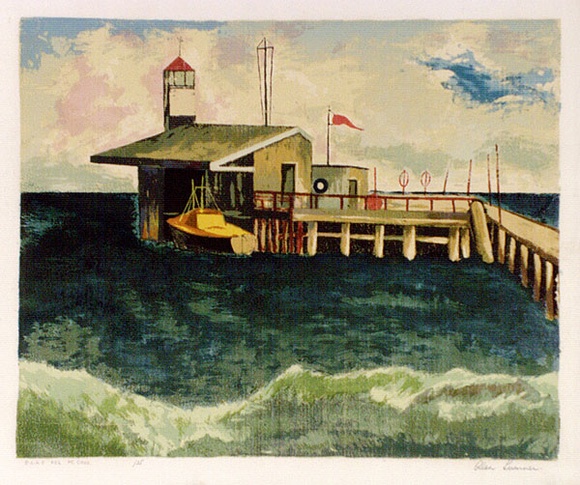 Artist: SUMNER, Alan | Title: R.A.A.F. pier, Point Cook | Date: 1946 | Technique: screenprint, printed in colour, from 17 stencils Artist: SUMNER, Alan | Title: R.A.A.F. pier, Point Cook | Date: 1946 | Technique: screenprint, printed in colour, from 17 stencils