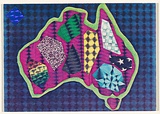 Artist: McDiarmid, David. | Title: Postcard (Australia on dark blue background) | Date: 1985 | Technique: screenprint, printed in colour, from multiple stencils; collage | Copyright: Courtesy of copyright owner, Merlene Gibson (sister)
